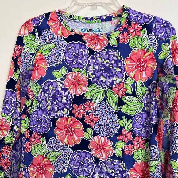 IBKUL Larisa Print Top Crew Neck Long Sleeve UPF 50+ Hydrangea Floral Mesh Small - Picture 3 of 10
